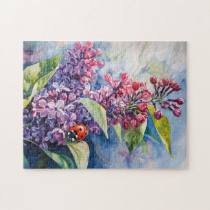 Vibrant Purple Lilac Flowers Ladybug Jigsaw Puzzle