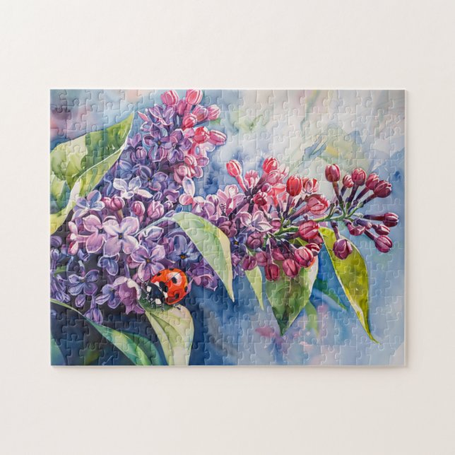 Vibrant Purple Lilac Flowers Ladybug Jigsaw Puzzle (Horizontal)