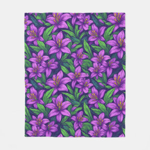 Vibrant Purple Lilies With Green Leaves Fleece Blanket