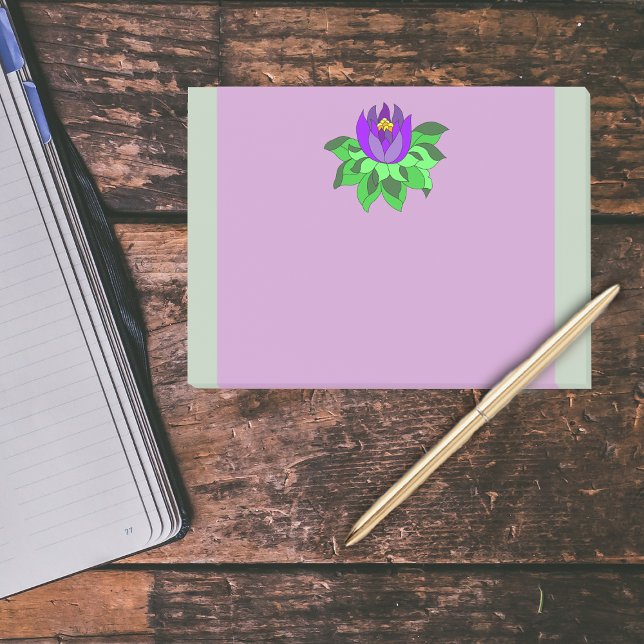 Vibrant Purple Lotus Flower Stripes Post-it Notes (Big purple lotus flower green leaves on purple with pale green borders post it notes.)