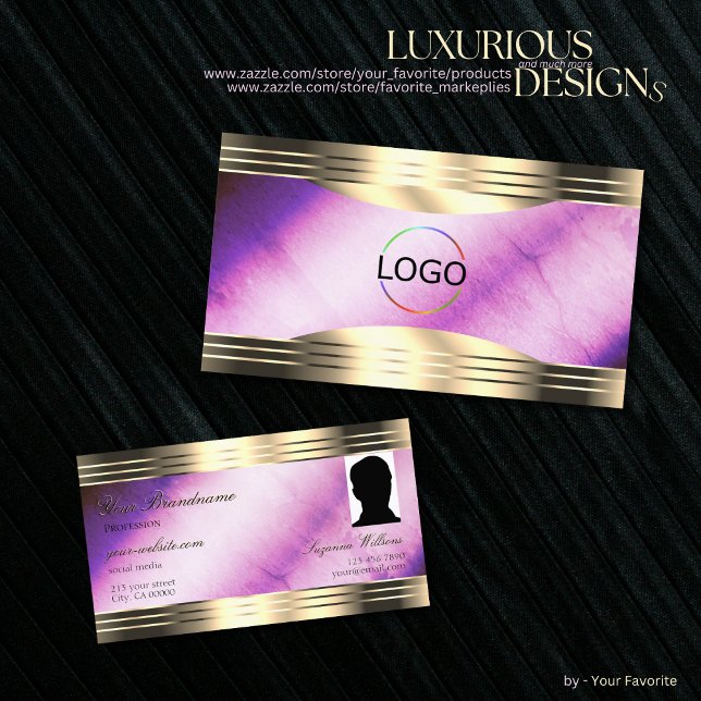 Vibrant Purple Marble Gold Borders Logo and Photo Business Card (Creator Uploaded)