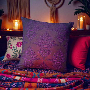 Vibrant Purple Orange Damask Pattern Cushion