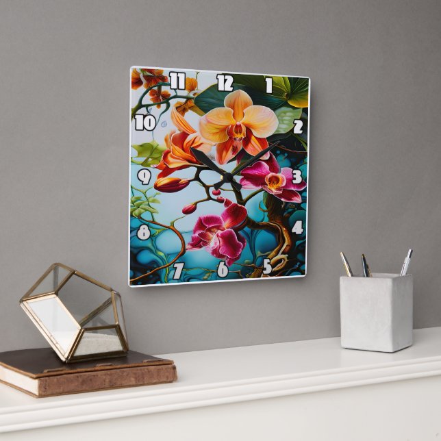Vibrant Purple Orchids Against Colourful Backgroun Square Wall Clock (Office)