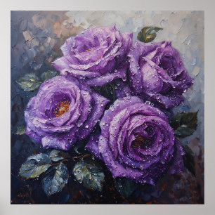 Vibrant Purple Roses with Dew Oil Painting Poster