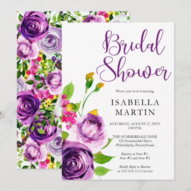 Vibrant Purple Watercolor Bouquet Bridal Shower In Invitation (Front/Back)