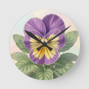 Vibrant Purple Yellow Pansy Flower Botanical  Round Clock