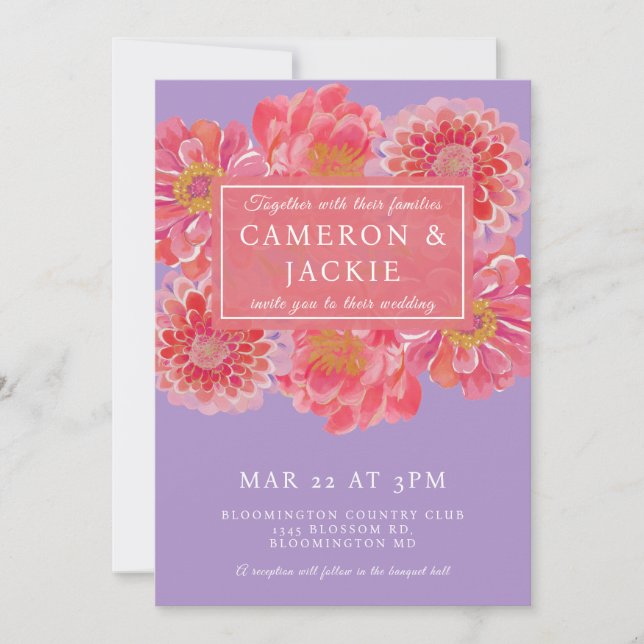 Vibrant Purple Zinnia Wedding  Invitation (Front)