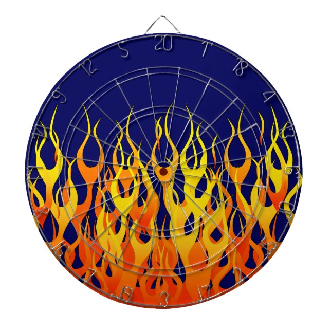 Vibrant Racing Flames on Navy Blue Dartboard (Front)
