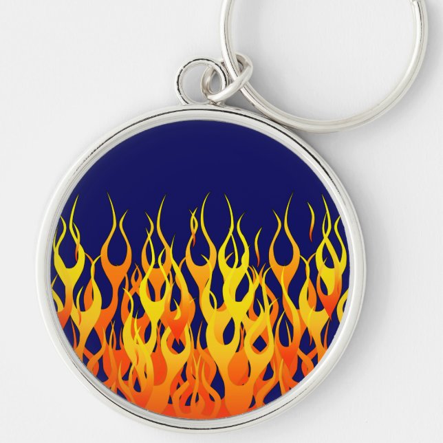 Vibrant Racing Flames on Navy Blue Key Ring (Front)
