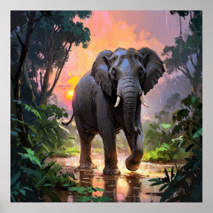 Vibrant Rain and Sunset Elephant Painting Poster