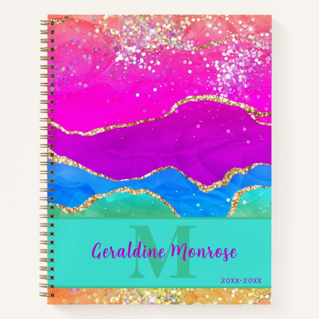 Vibrant Rainbow Agate Gold Glitter Notebook (Front)