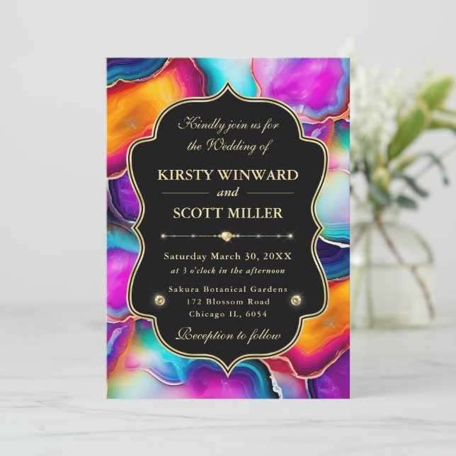 Vibrant Rainbow Agate with Gold Accents Wedding Invitation (Standing Front)