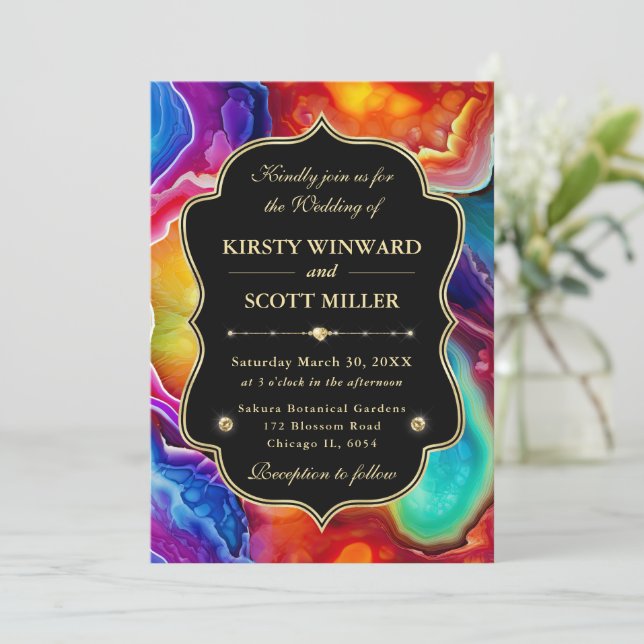 Vibrant Rainbow Agate with Gold Accents Wedding Invitation (Standing Front)