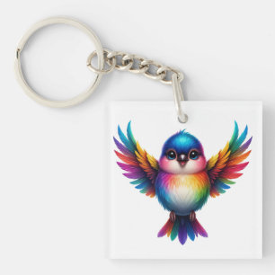 Vibrant Rainbow Bird Illustration Key Ring