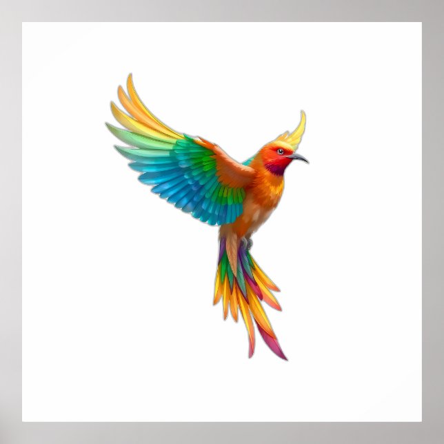 Vibrant Rainbow Bird in Flight Illustration Poster (Front)