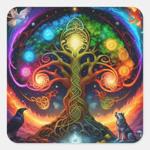 Vibrant Rainbow Celtic Tree with Wolves and Raven Square Sticker
