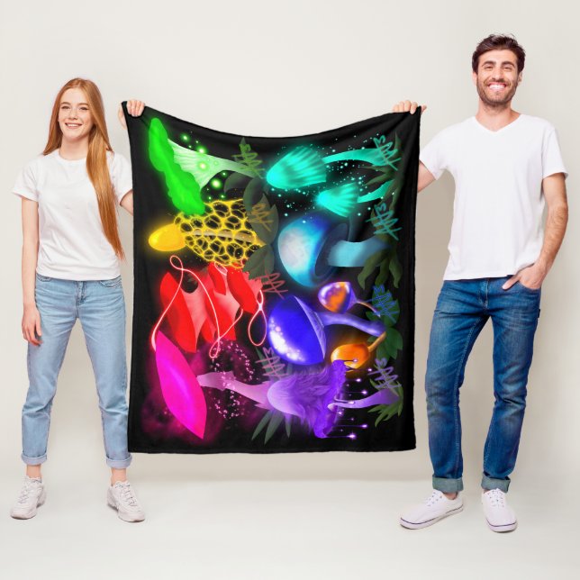 Vibrant Rainbow Glowing Mushrooms Fleece Blanket (In Situ)