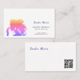 Vibrant Rainbow Hair Stylist Studio Moire QR Code Business Card