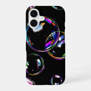 Vibrant Rainbow Holographic Soap Bubbles on Black iPhone 16 Case