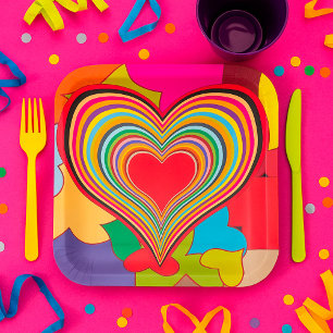 Vibrant Rainbow Layered Heart Abstract Paper Plate