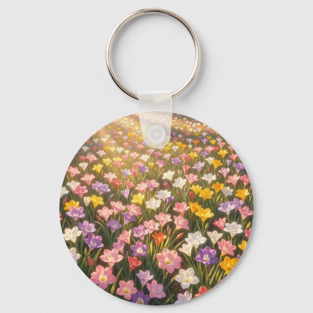 Vibrant Rainbow Lily Flower Field Key Ring (Front)