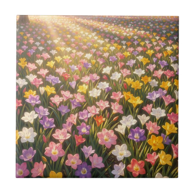 Vibrant Rainbow Lily Flower Field Tile (Front)
