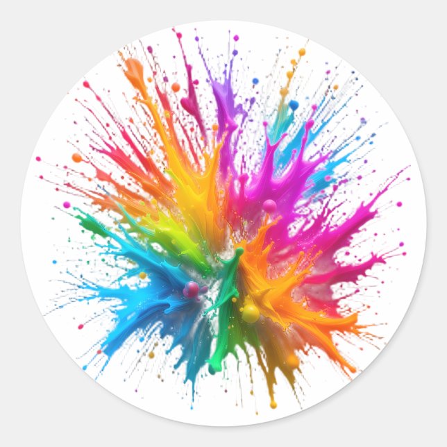 Vibrant Rainbow Paint Splatter Explosion Classic Round Sticker (Front)