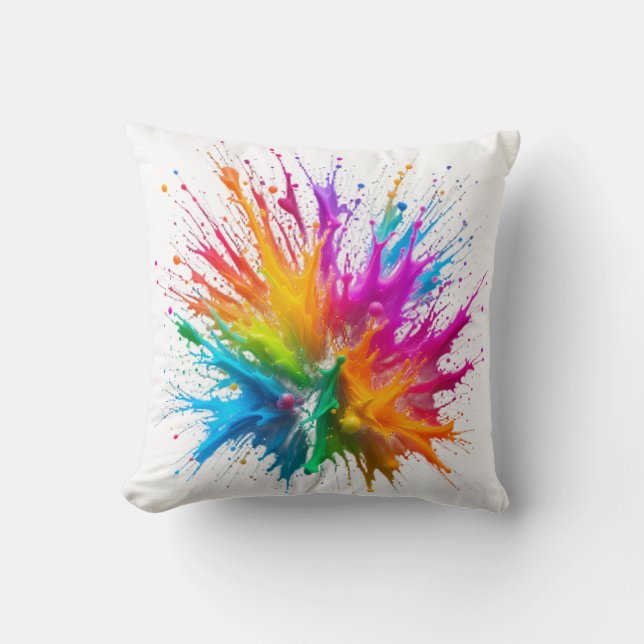 Vibrant Rainbow Paint Splatter Explosion Cushion (Front)