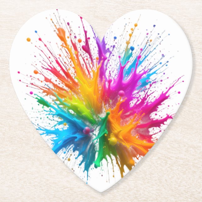 Vibrant Rainbow Paint Splatter Explosion Paper Coaster (Front)