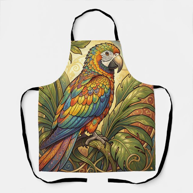 Vibrant Rainbow Parrot Art Nouveau Apron (Front)