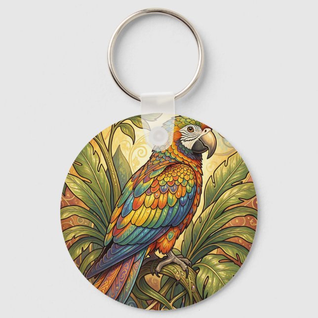 Vibrant Rainbow Parrot Art Nouveau Key Ring (Front)