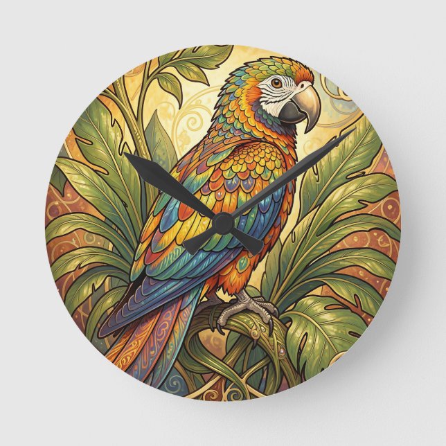 Vibrant Rainbow Parrot Art Nouveau Round Clock (Front)