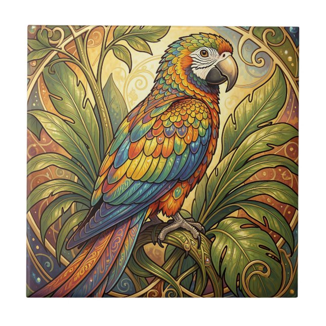 Vibrant Rainbow Parrot Art Nouveau Tile (Front)