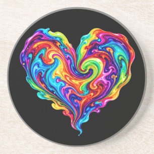 Vibrant Rainbow Poured Paint Heart Coaster