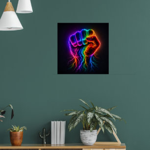 Vibrant Rainbow Power Fist with Electric Energy Poster