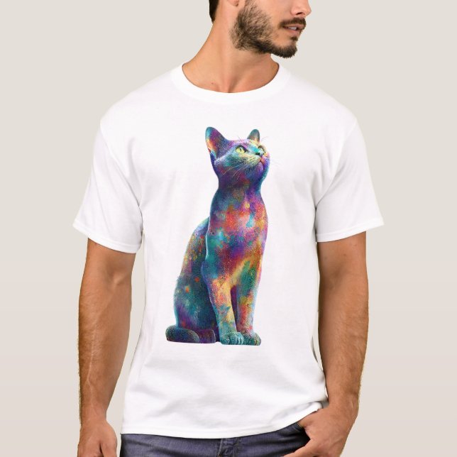 Vibrant Rainbow Psychedelic Galactic Cat Men T-Shirt (Front)