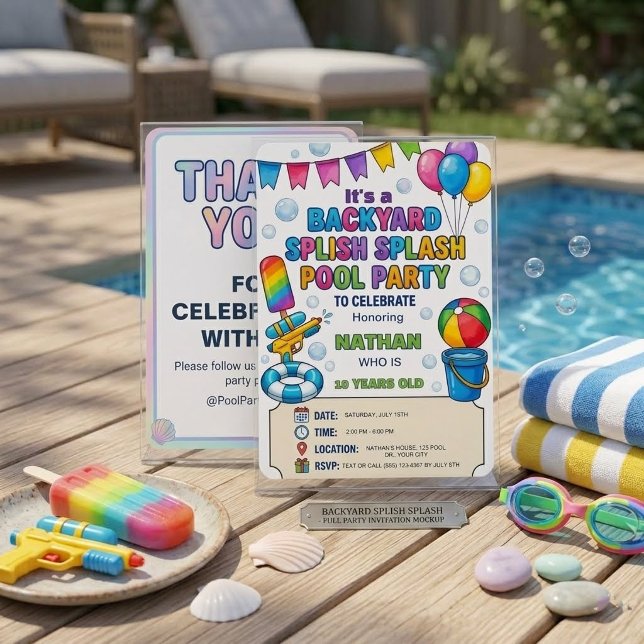  Vibrant Rainbow Splish Splash Backyard Pool Party Invitation (Creator Uploaded)
