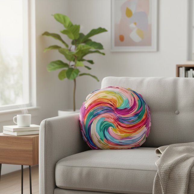 Vibrant Rainbow Swirl Abstract Round Cushion (Creator Uploaded)