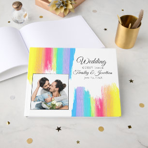 Vibrant Rainbow Watercolor Couple Photo Wedding Guest Book