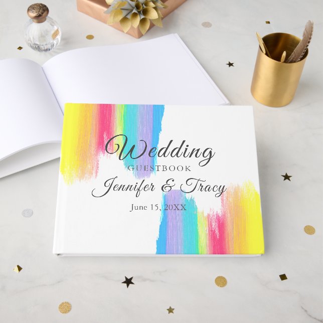 Vibrant Rainbow Watercolor Gay Pride LGBTQ Wedding Guest Book (Front Open)