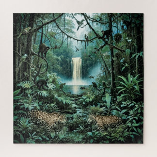 Vibrant rainforest green foliage majestic jaguars jigsaw puzzle