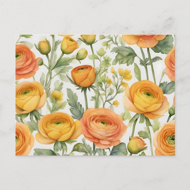 Vibrant Ranunculus Watercolor Pattern in Yellow  Postcard (Front)