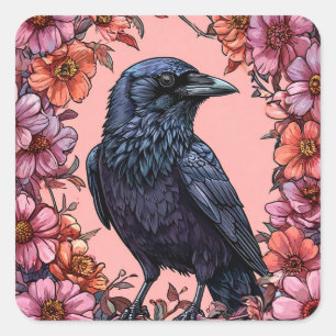 🖤 Vibrant Raven Floral Dark Bird  🖤 Square Sticker