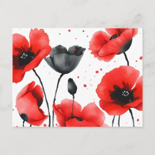 Vibrant Red and Black Poppies in Watercolor Postcard