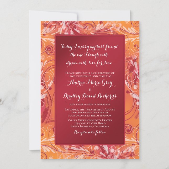 Vibrant Red and Orange Floral Wedding Invitation (Front)
