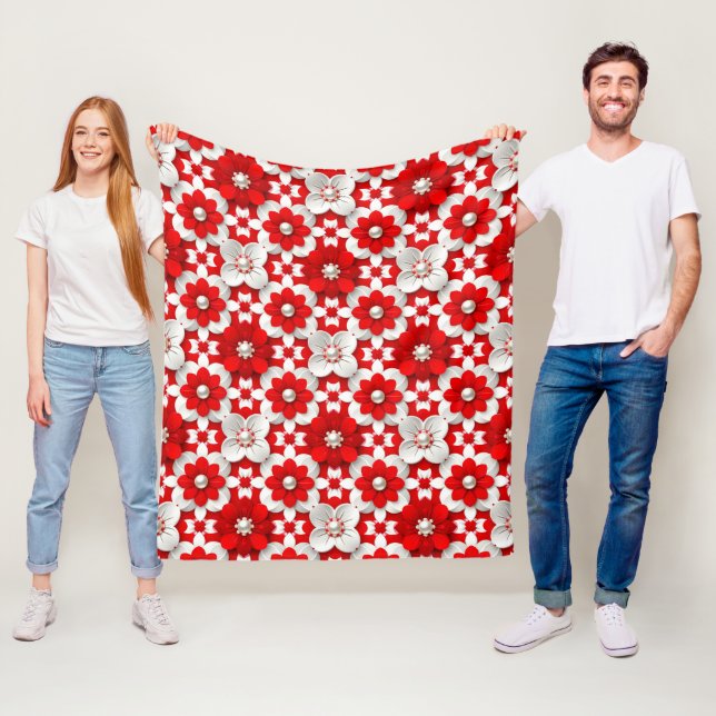 Vibrant Red And White Floral Pattern With Pearl Fleece Blanket (In Situ)