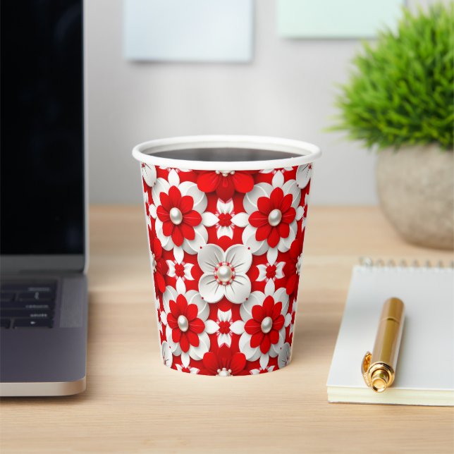 Vibrant Red And White Floral Pattern With Pearl Paper Cups (Insitu)