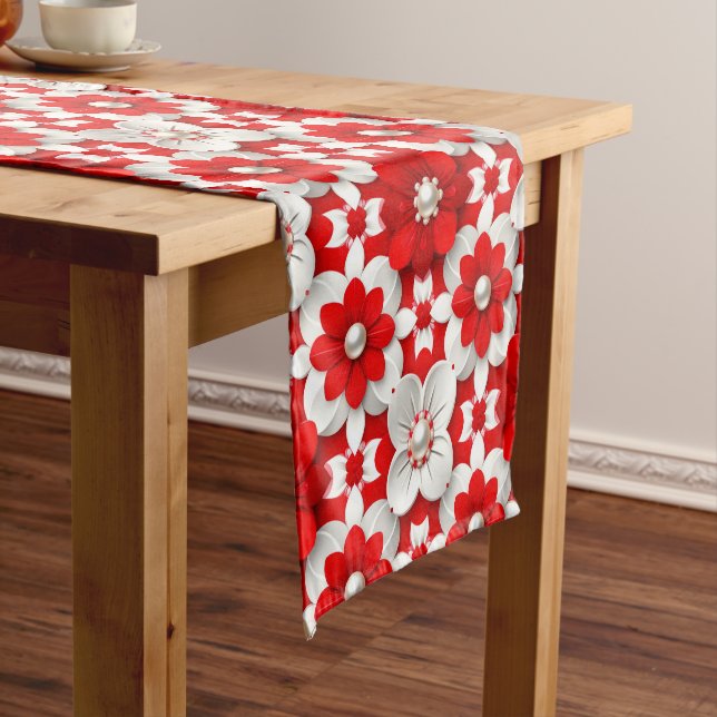 Vibrant Red And White Floral Pattern With Pearl Short Table Runner (In Situ)