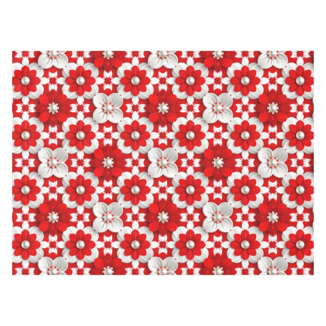 Vibrant Red And White Floral Pattern With Pearl Tablecloth (Front (Horizontal))