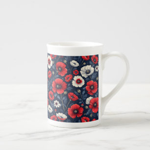 Vibrant Red and White Poppy Flowers Bone China Mug